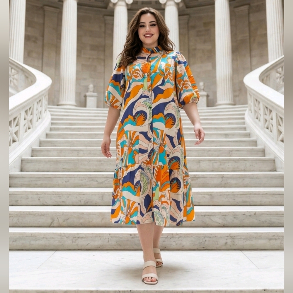 70’s Graphic Print Midi Button Down Dress Size L